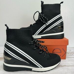 exe Black & White Mesh Sock High Top Lace Up Wedge Heel Sneakers NEW